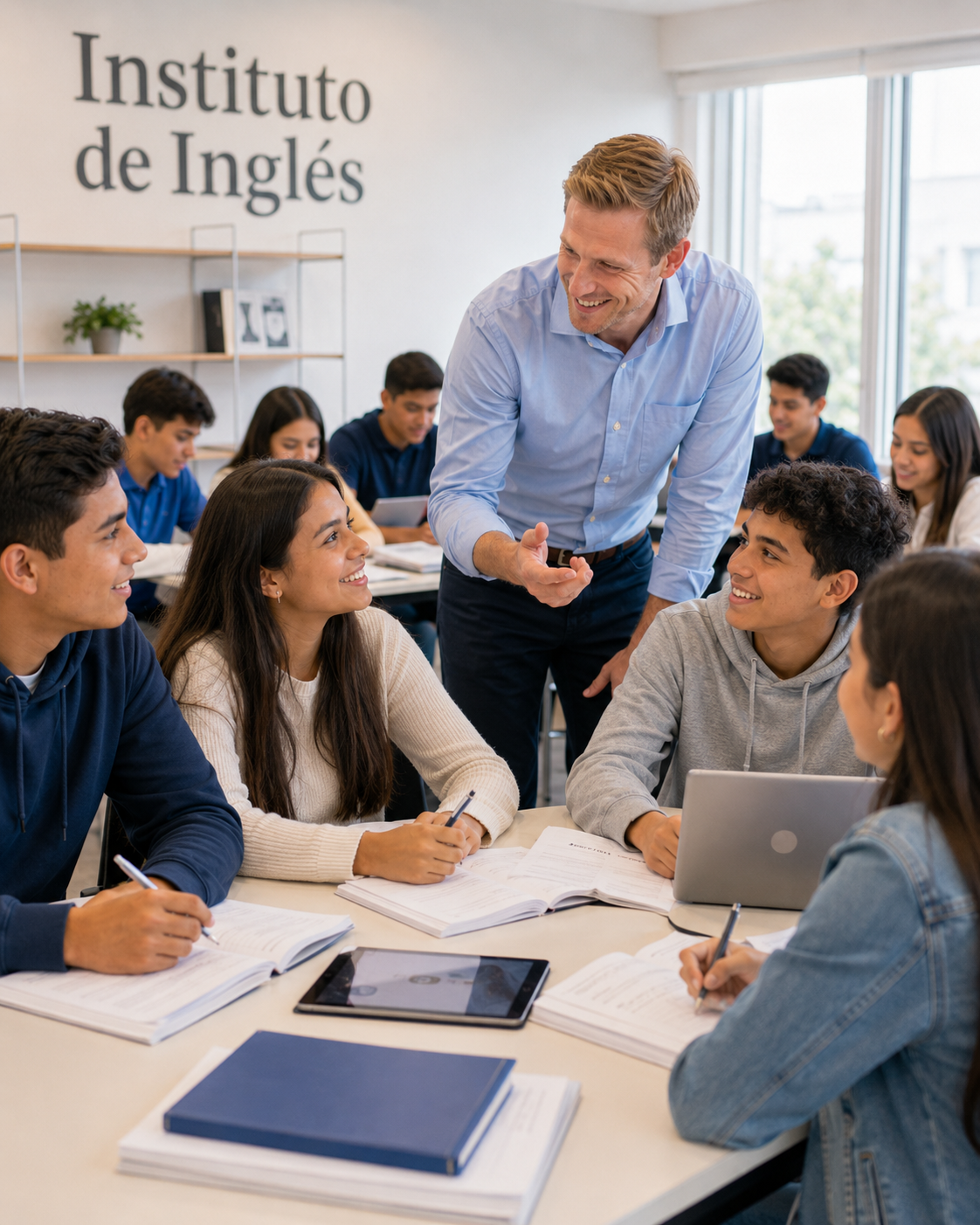 Profesor de inglés guiando a estudiantes en un aula de Instituto de Inglés