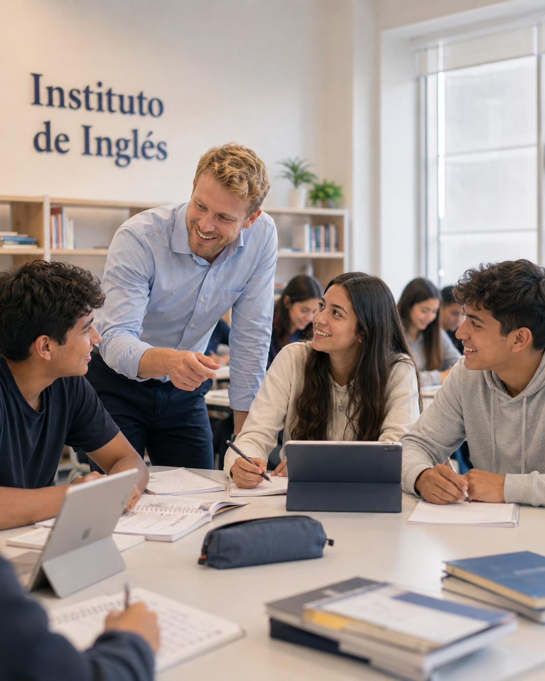 Aula de inglés institucional con profesor y estudiantes
